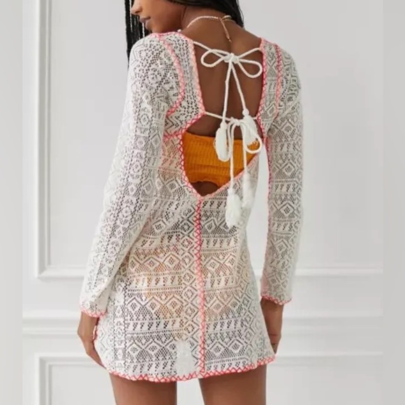 UO Sheer Lace Beach Cover-Up - White & Pink Long Sleeve Mini Dress - Picture 3 of 4